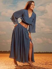 Peacock solid faux straight crop top with A-line skirt