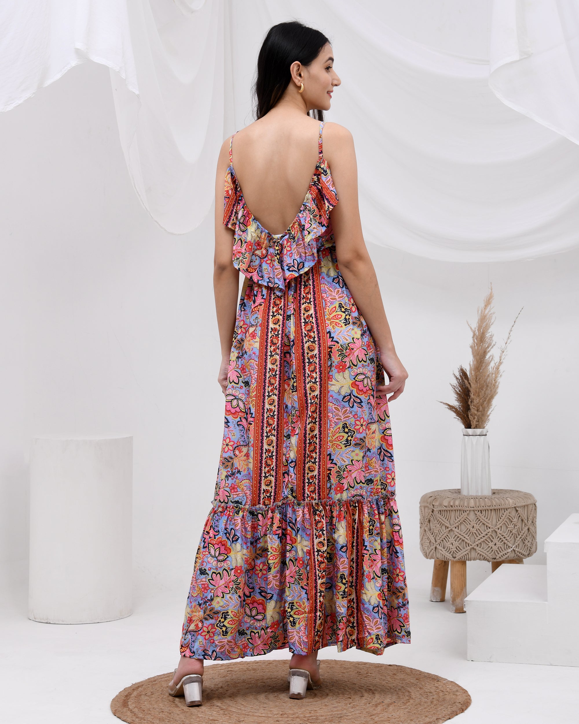 Multicolor frill maxi dress