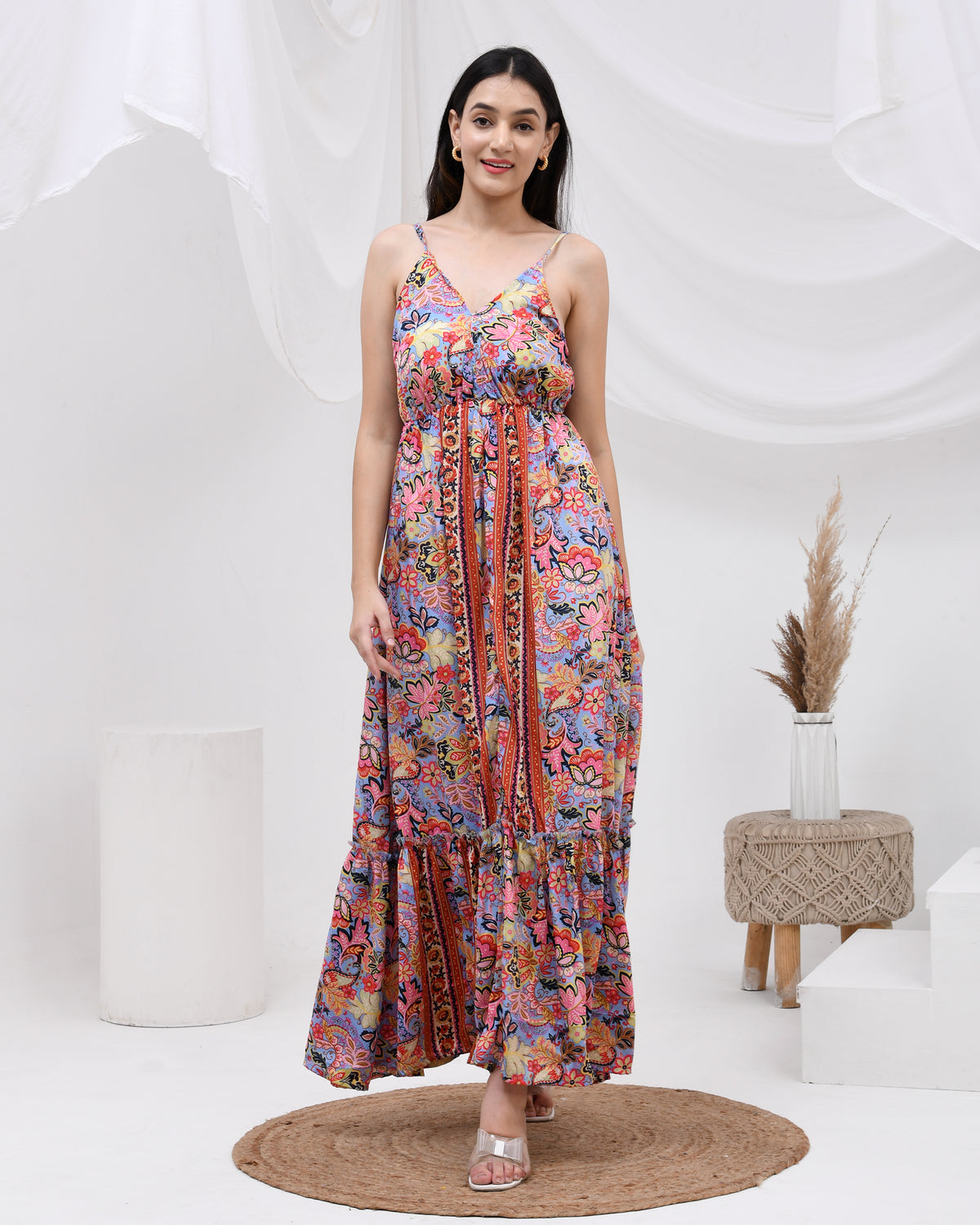 Multicolor frill maxi dress