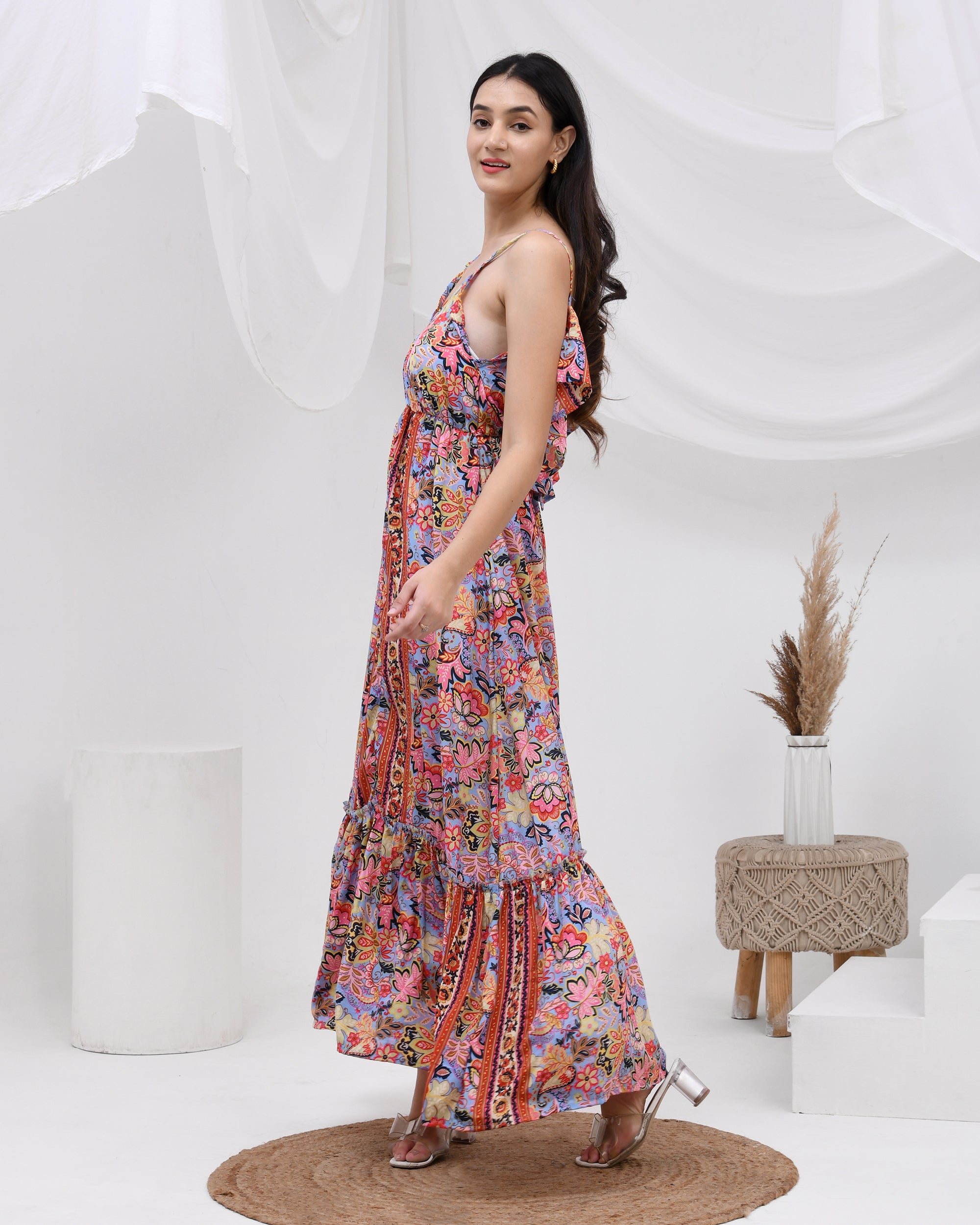 Multicolor frill maxi dress