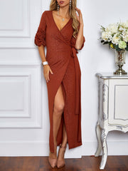 Brown Shimmer Short Sleeves A-Line Dress