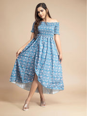 Blue Floral Printed A-Line Maxi Dress