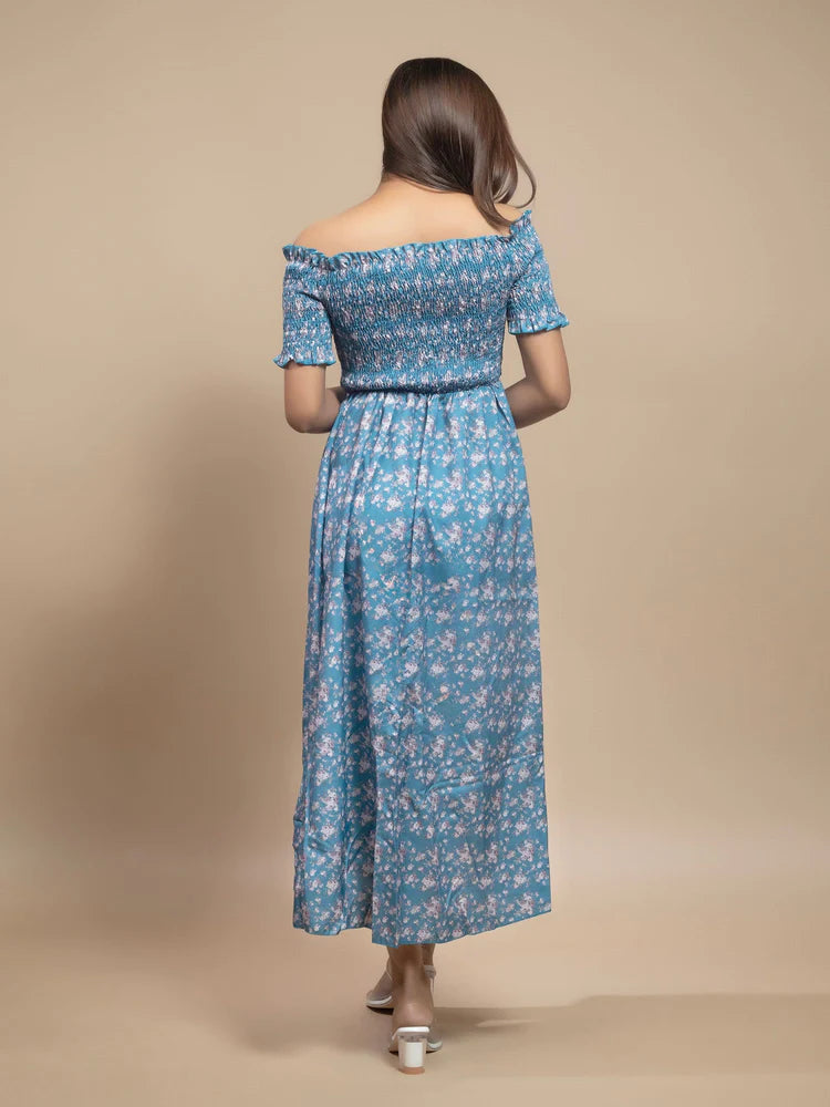 Blue Floral Printed A-Line Maxi Dress