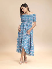 Blue Floral Printed A-Line Maxi Dress