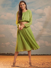 Green Straight Crop Top With A-Line Skirt