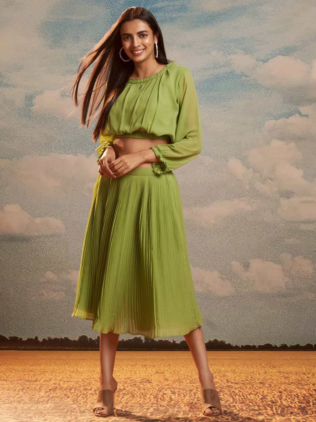 Green Straight Crop Top With A-Line Skirt