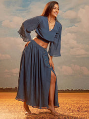 Peacock solid faux straight crop top with A-line skirt