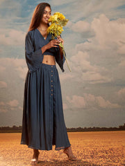 Peacock solid faux straight crop top with A-line skirt