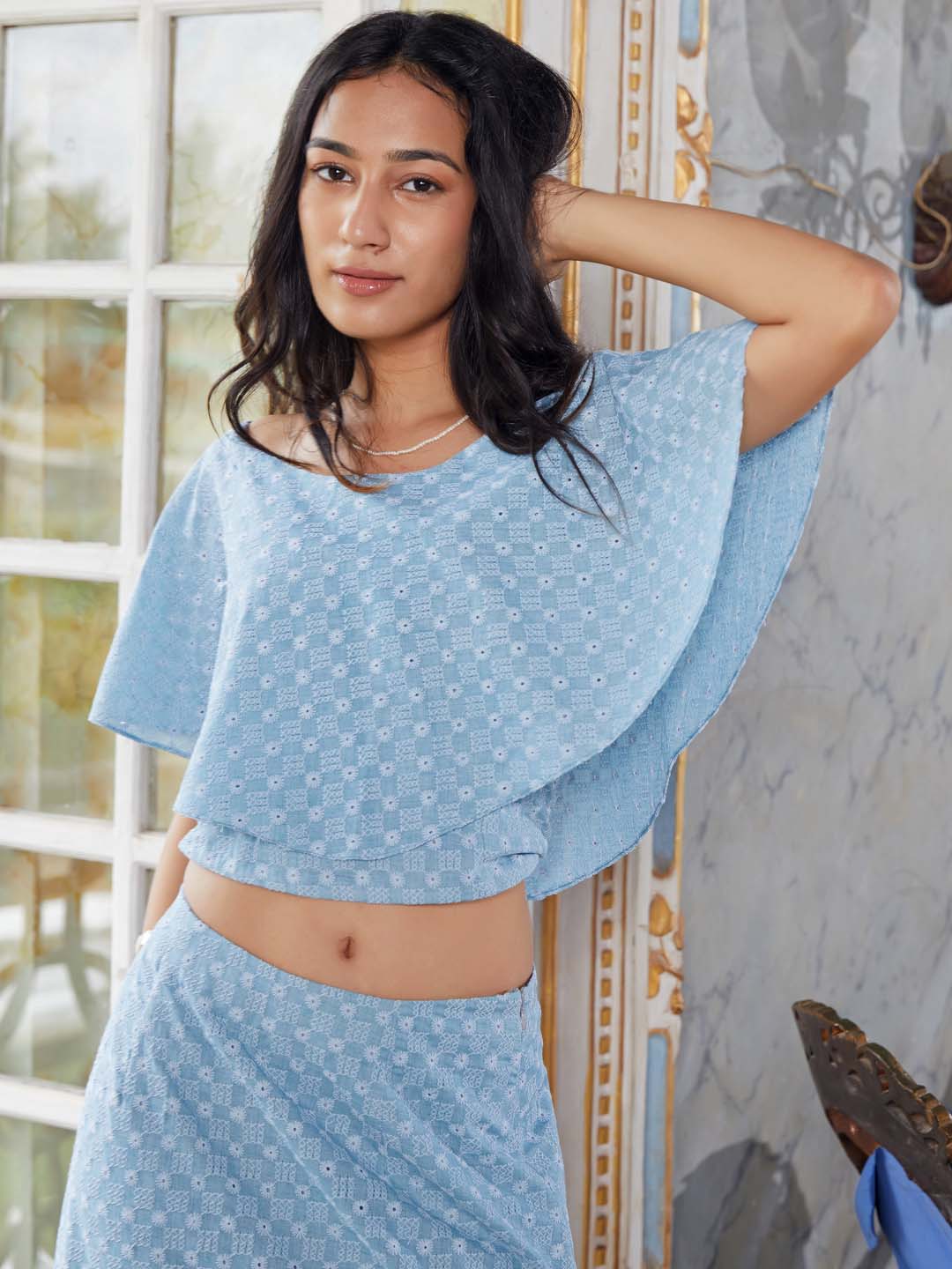 Light Blue Straight Crop Top With Flared Skirt