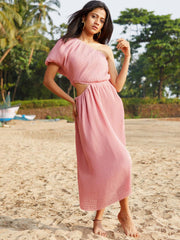 Pink Cut Work Bubble A-Line Maxi Dress