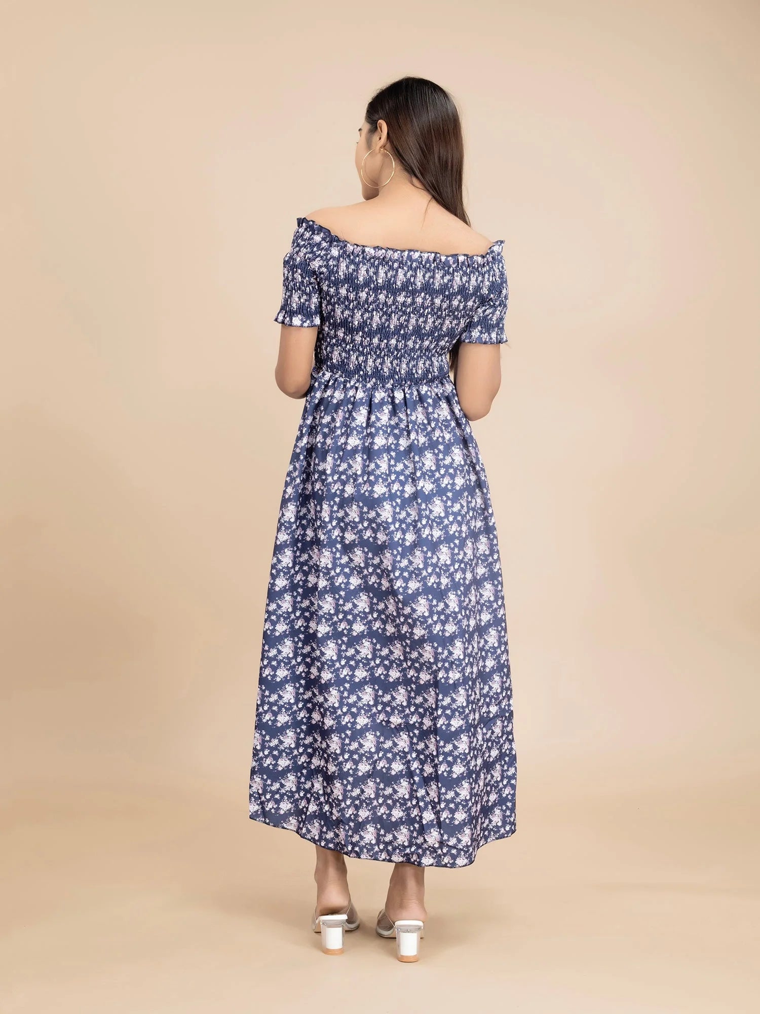 Midnight Blue Floral Printed A-Line Maxi Dress