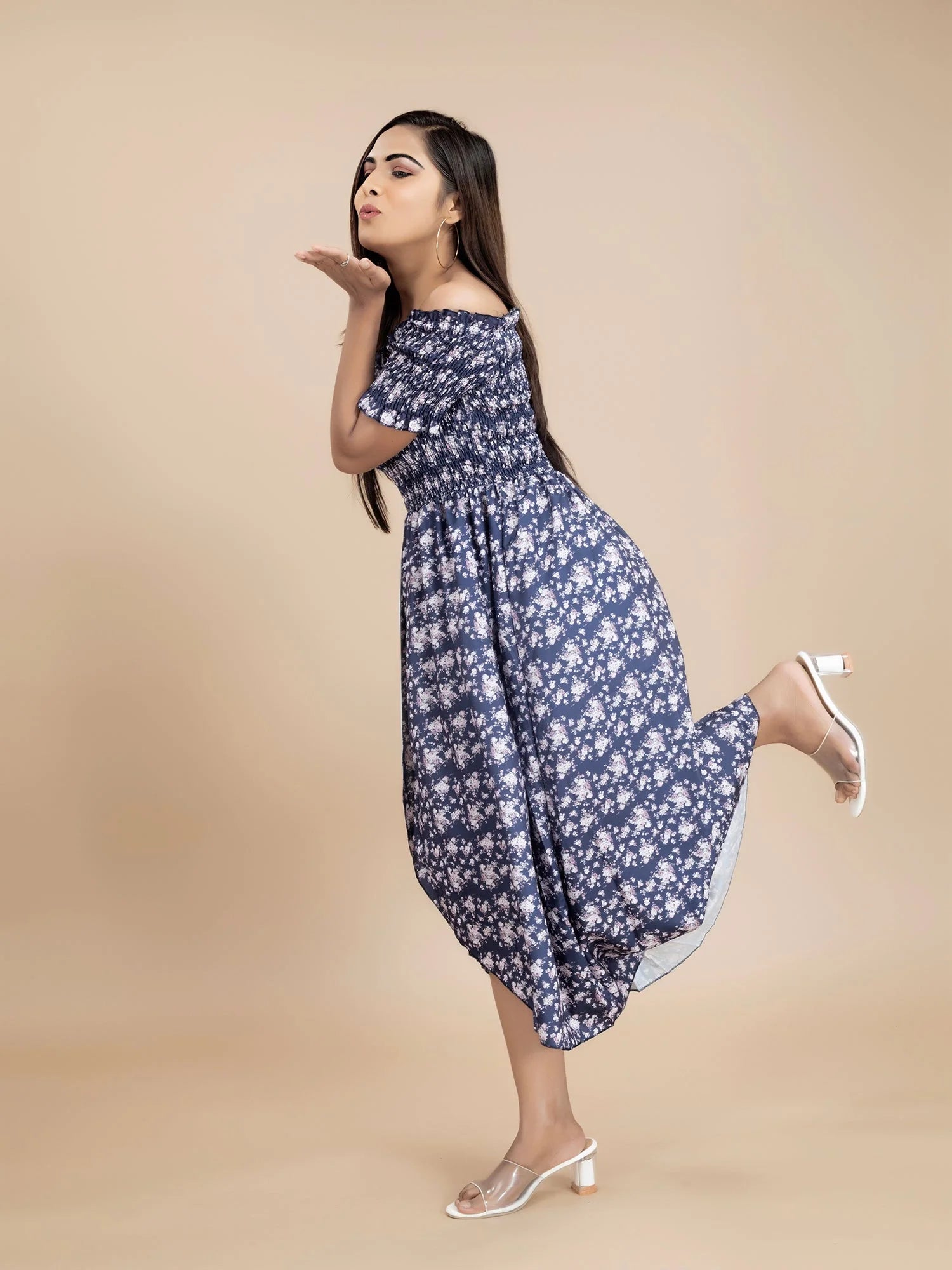 Midnight Blue Floral Printed A-Line Maxi Dress