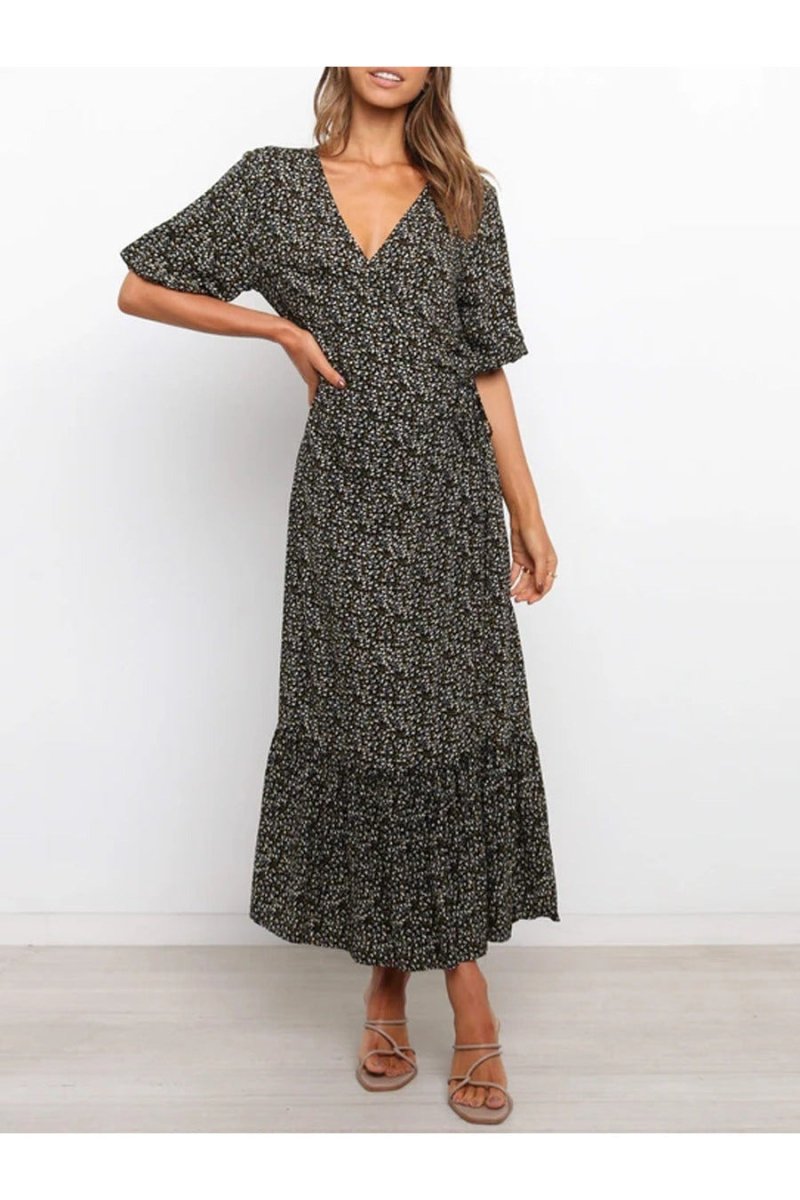 V-Neck long Printed A-Line Dress