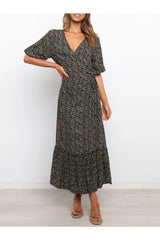 V-Neck long Printed A-Line Dress