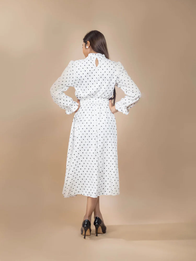 Long Sleeves Polka Dot A- Line Dress