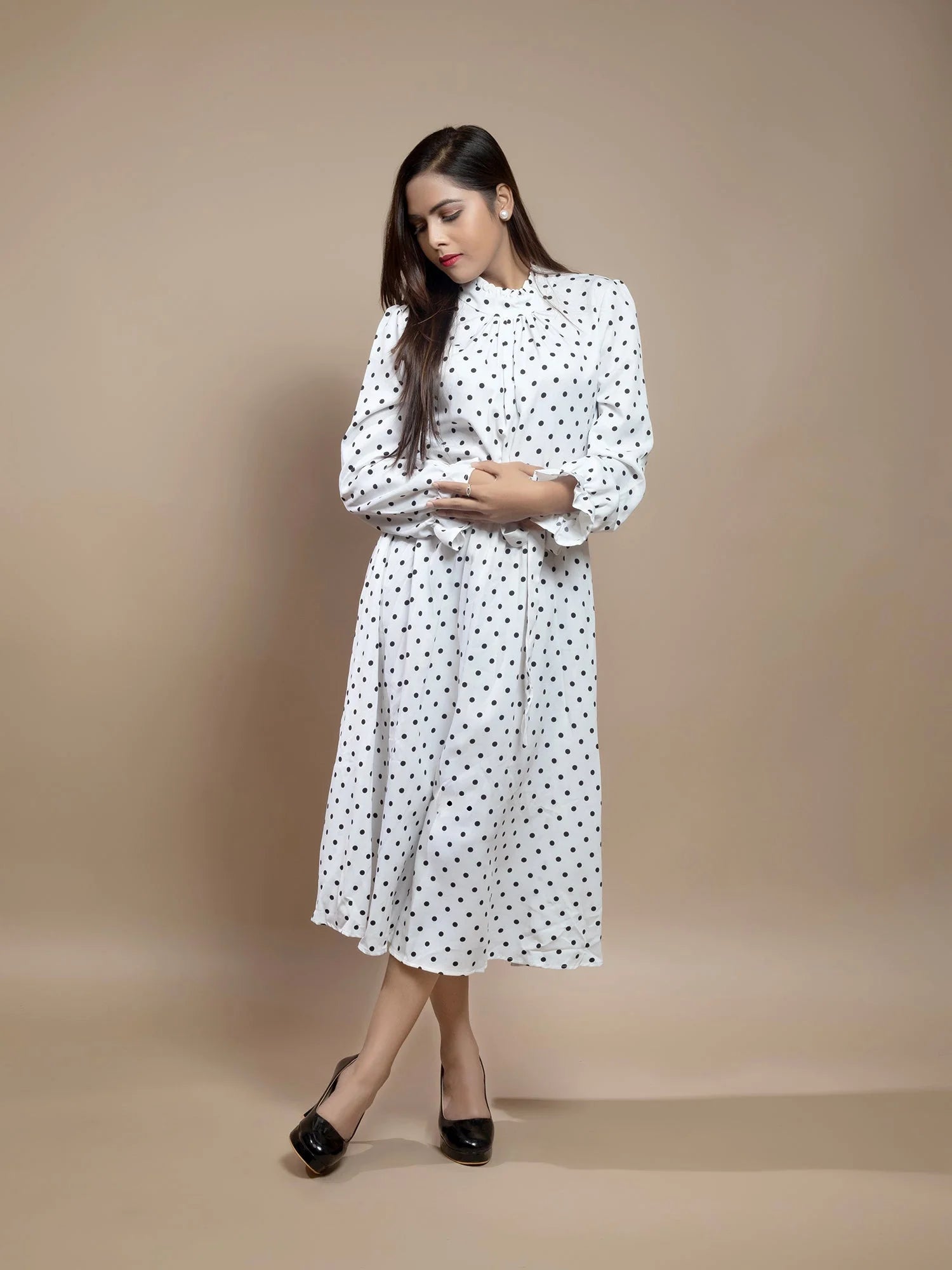 Long Sleeves Polka Dot A- Line Dress